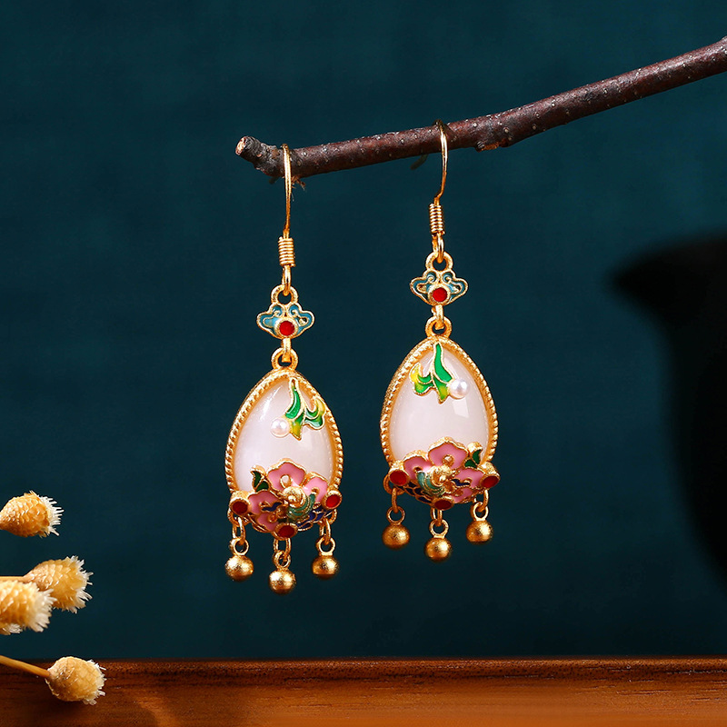 Women'S Vintage Accessories - Natural Jade Flower Earrings Charm Amulet